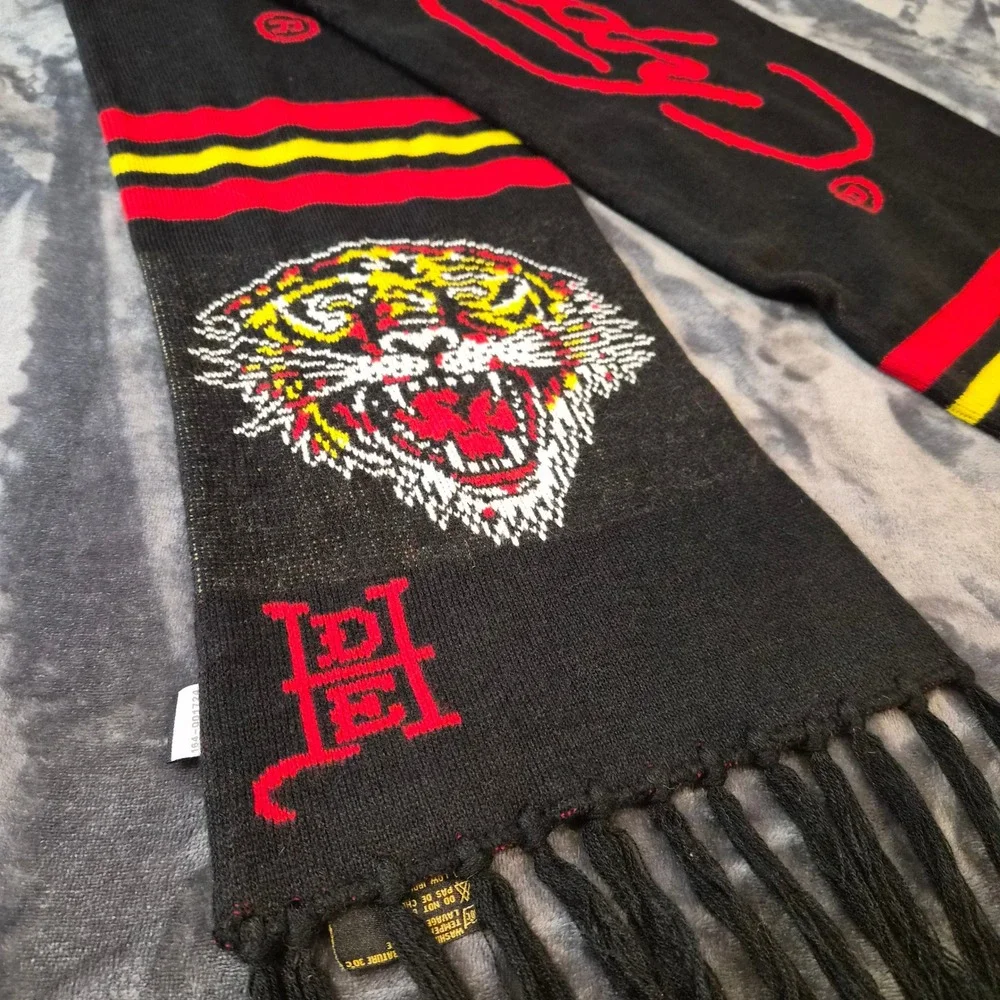 Ed Hardy Christian Audigier Tiger Knit Scarf Black Red Yellow Fringe EHMS6070